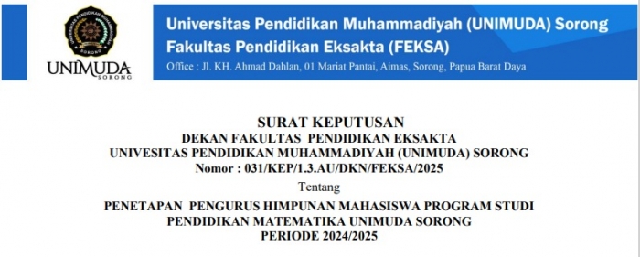 SK PENETAPAN PENGURUS HIMPUNAN MAHASISWA PROGRAM STUDI PENDIDIKAN MATEMATIKA UNIMUDA SORONG PERIODE 2024/2025